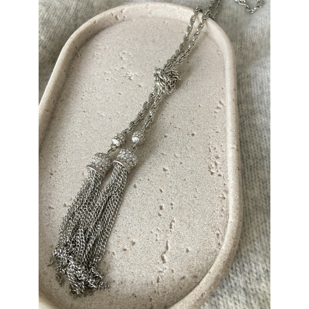 Silver Tone Rhinestone Lariat Necklace Multi Chain Knot Tassel Long Romantic
